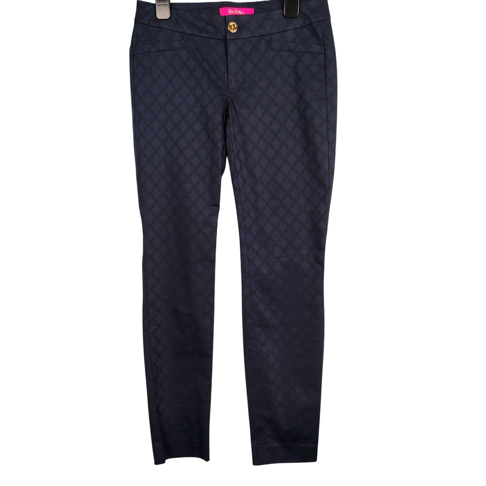 Lilly Pulitzer Womens SZ 00 Kelly Ankle Pants Navy Blue Jacquard Preppy Luxe